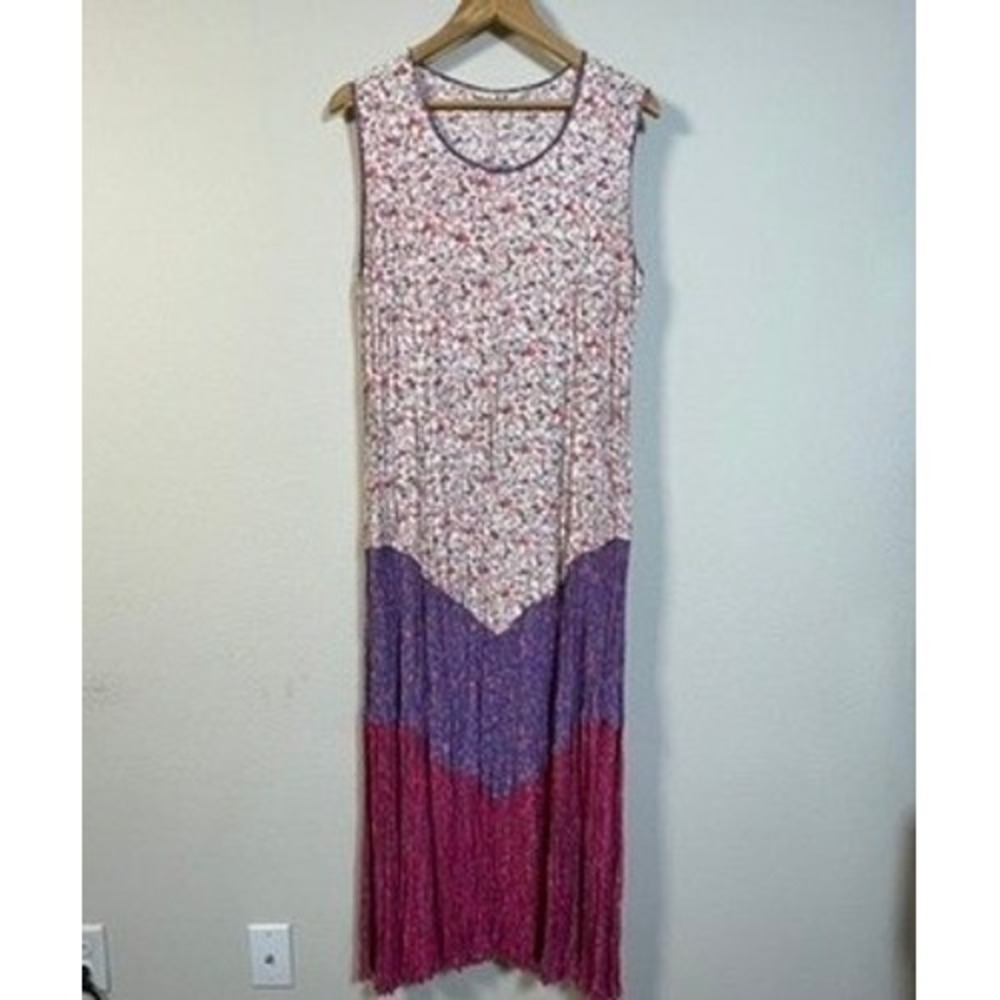 Victoria Holley Floral Maxi Dress Womens Large Multicolor Crinkle Rayon Boho 90s